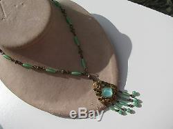 Antique Vtg. Brass Bronze Metal Celedon Green Glass Art Nouveau Lavalier Necklace