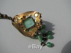 Antique Vtg. Brass Bronze Metal Celedon Green Glass Art Nouveau Lavalier Necklace