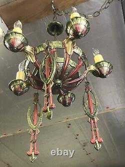 Antique Vtg Chandelier Art Deco Nouveau Hanging Light 1920s Gold Red Green 5-Arm