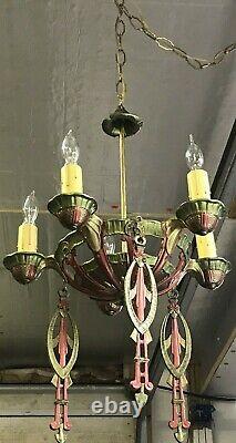 Antique Vtg Chandelier Art Deco Nouveau Hanging Light 1920s Gold Red Green 5-Arm