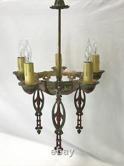 Antique Vtg Chandelier Art Deco Nouveau Hanging Light 1920s Gold Red Green 5-Arm