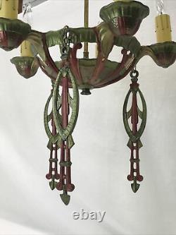 Antique Vtg Chandelier Art Deco Nouveau Hanging Light 1920s Gold Red Green 5-Arm