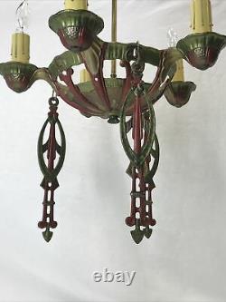Antique Vtg Chandelier Art Deco Nouveau Hanging Light 1920s Gold Red Green 5-Arm