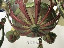 Antique Vtg Chandelier Art Deco Nouveau Hanging Light 1920s Gold Red Green 5-Arm