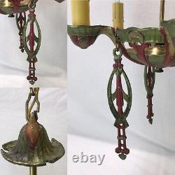 Antique Vtg Chandelier Art Deco Nouveau Hanging Light 1920s Gold Red Green 5-Arm