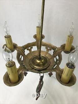 Antique Vtg Chandelier Art Deco Nouveau Hanging Light 1920s Gold Red Green 5-Arm