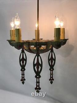 Antique Vtg Chandelier Art Deco Nouveau Hanging Light 1920s Gold Red Green 5-Arm