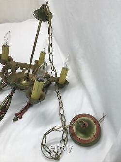 Antique Vtg Chandelier Art Deco Nouveau Hanging Light 1920s Gold Red Green 5-Arm