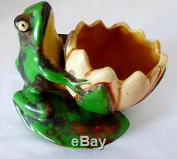 Antique WELLER COPPERTONE FROG WITH LOTUS by Rudolph Lorber. Hallmarked/12. 1930