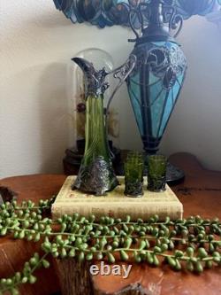 Antique WMF Art Nouveau Silver Plated Green Glass Maiden Cordial Decanter Set