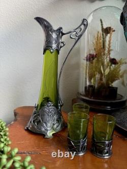 Antique WMF Art Nouveau Silver Plated & Green Glass Maiden Cordial Decanter Set