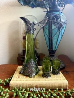 Antique WMF Art Nouveau Silver Plated Green Glass Maiden Cordial Decanter Set