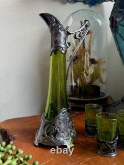 Antique WMF Art Nouveau Silver Plated & Green Glass Maiden Cordial Decanter Set