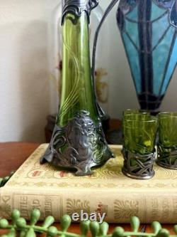 Antique WMF Art Nouveau Silver Plated Green Glass Maiden Cordial Decanter Set