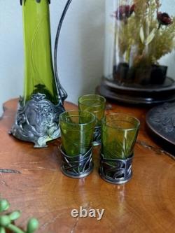 Antique WMF Art Nouveau Silver Plated & Green Glass Maiden Cordial Decanter Set