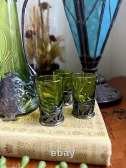 Antique WMF Art Nouveau Silver Plated Green Glass Maiden Cordial Decanter Set