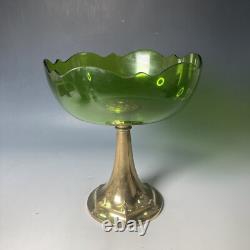 Antique WMF Art Nouveau silver plated & green glass tazza pedestal bowl comport