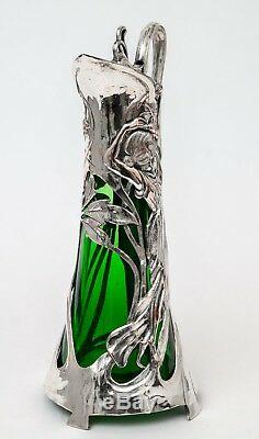 Antique WMF Warszawa Silver Plated Art Nouveau Large Green Glass Claret Jug