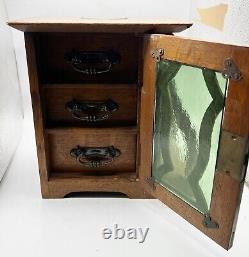 Antique Wood Green Glass Art Nouveau 3 Draw Jewellery Box Or Sewing Cabinet