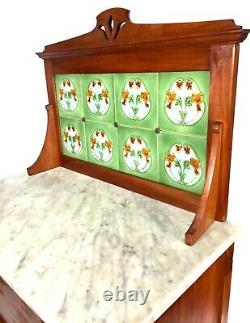 Antique Wooden Art Nouveau Wash Stand With Marble Top & Green Tile Backboard