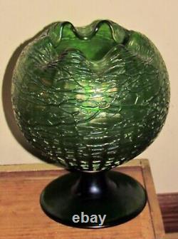 Antique art nouveau Loetz Crete Chine footed vase rose bowl iridescent green