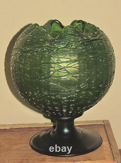 Antique art nouveau Loetz Crete Chine footed vase rose bowl iridescent green
