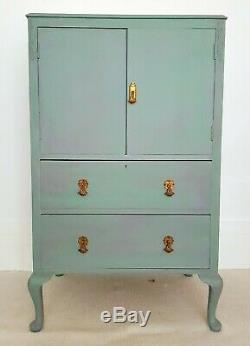 Antique art nouveau painted cabinet, 1920s vintage tallboy, green blue cupboard