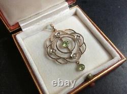 Antique c. 1920s 9Ct Rose Gold Art Nouveau Pendant withPeridot & Seed Pearls HM 9Ct