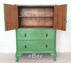 Antique painted linen press, green painted cabinet, vintage tallboy, cupboard