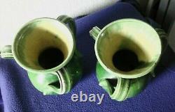 Antique pair of aesthetic, nouveau style tri handle vases retailed by Lawleys