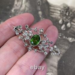 Antique silver paste brooch early 20th century Edwardian Art Nouveau green stone