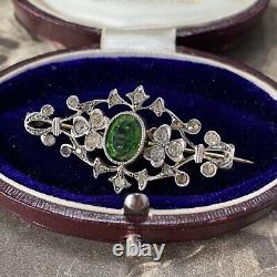 Antique silver paste brooch early 20th century Edwardian Art Nouveau green stone