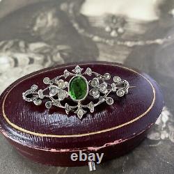 Antique silver paste brooch early 20th century Edwardian Art Nouveau green stone