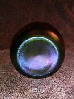 Antq Art Nouveau KRALIK GREEN IRIDESCENT PINCHED GLASS VASE Pierced Metal Collar