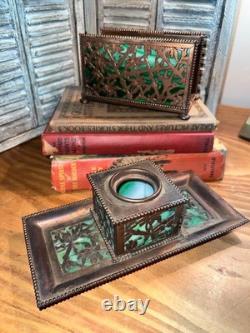 Apollo Studios Art Nouveau Rare Butterfly Bronze Green Slag Desk Letter& Inkwell