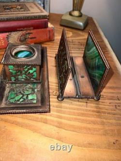 Apollo Studios Art Nouveau Rare Butterfly Bronze Green Slag Desk Letter& Inkwell