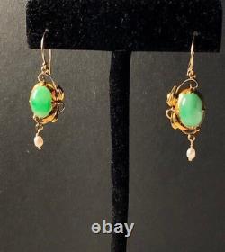 Apple Green Jade Art Nouveau Antique Earrings In 18K Gold