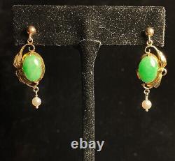Apple Green Jade Art Nouveau Antique Earrings with Natural Pearls In 18K Gold