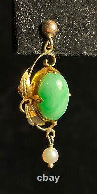 Apple Green Jade Art Nouveau Antique Earrings with Natural Pearls In 18K Gold