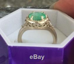 Art Deco 14k White Gold Filigree Green Emerald/ Diamond Ring Size 6 1/2