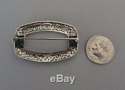 Art Deco 14k White Gold Filigree Green Tourmaline & Diamond Pin Brooch 4.3 Gr