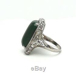 Art Deco 14k White Gold Swiss Jade Green Onyx Chalcedony Ring Sz 6