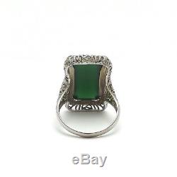 Art Deco 14k White Gold Swiss Jade Green Onyx Chalcedony Ring Sz 6