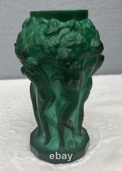 Art Deco 1930's Czech Malachite Green Glass Vase Bacchantes Grape Harvesting 5