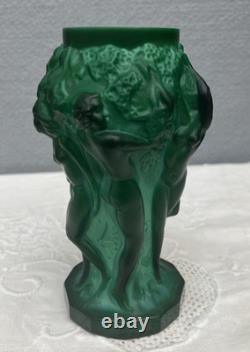 Art Deco 1930's Czech Malachite Green Glass Vase Bacchantes Grape Harvesting 5