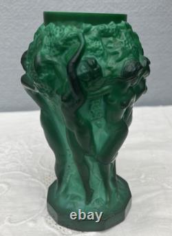 Art Deco 1930's Czech Malachite Green Glass Vase Bacchantes Grape Harvesting 5