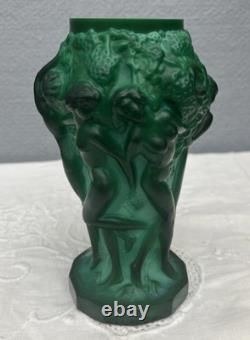 Art Deco 1930's Czech Malachite Green Glass Vase Bacchantes Grape Harvesting 5