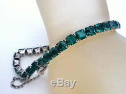 Art Deco Bracelet Emerald Green Paste Rhinestones Sterling Silver 7 Antique