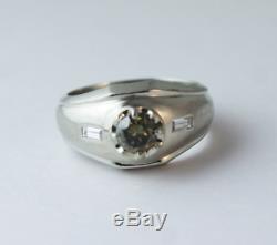 Art Deco Cognac Green Diamond Baguette 14k White Gold Unisex Ring Size 5