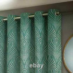 Art Deco Eyelet Curtains Green & White Nouveau Geometric Fully Lined Pair